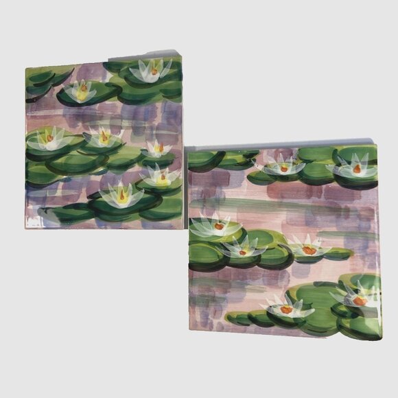 Tile Trivet Ceramic Hand Painted Lotus Museum of Fine Arts Boston Italy Lot Of 2 - Picture 1 of 8